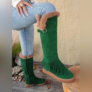 Green Fringe Knee-High Boots